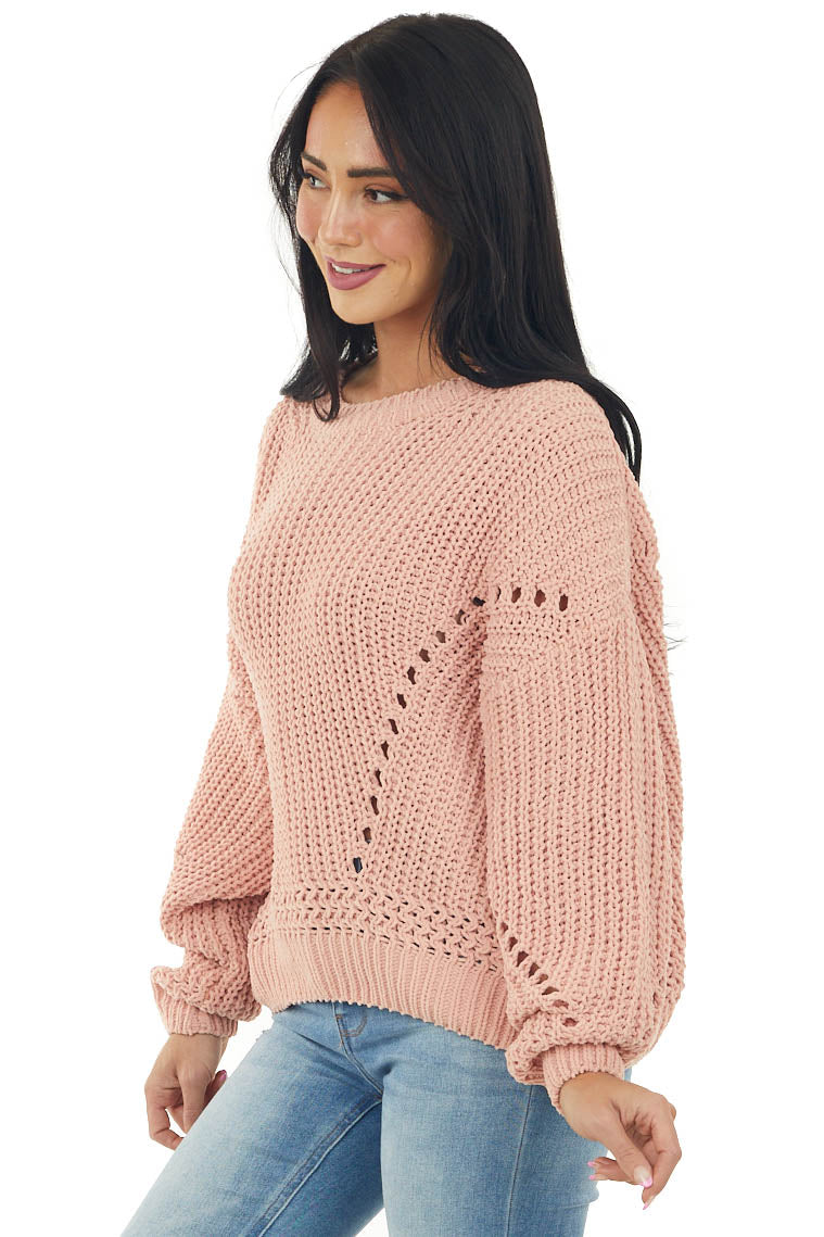 Peach Chenille Bubble Sleeve Cut Out Sweater