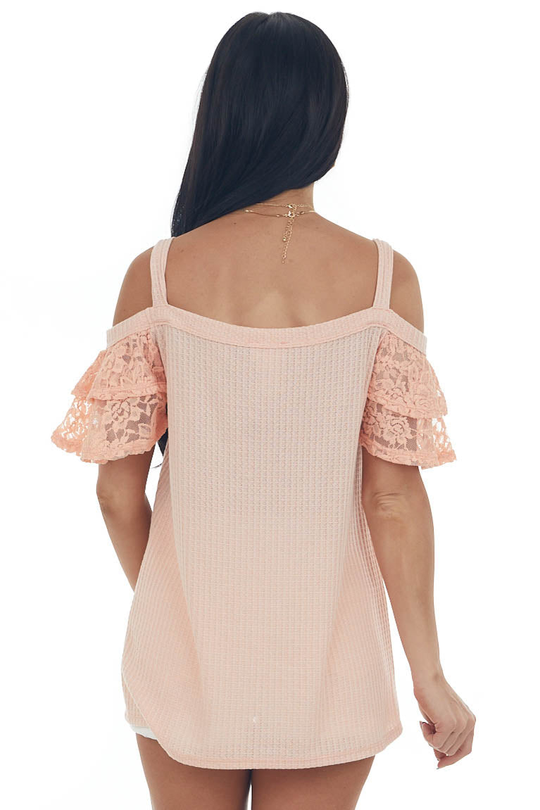Peach Cold Shoulder Lace Sleeve Knit Top