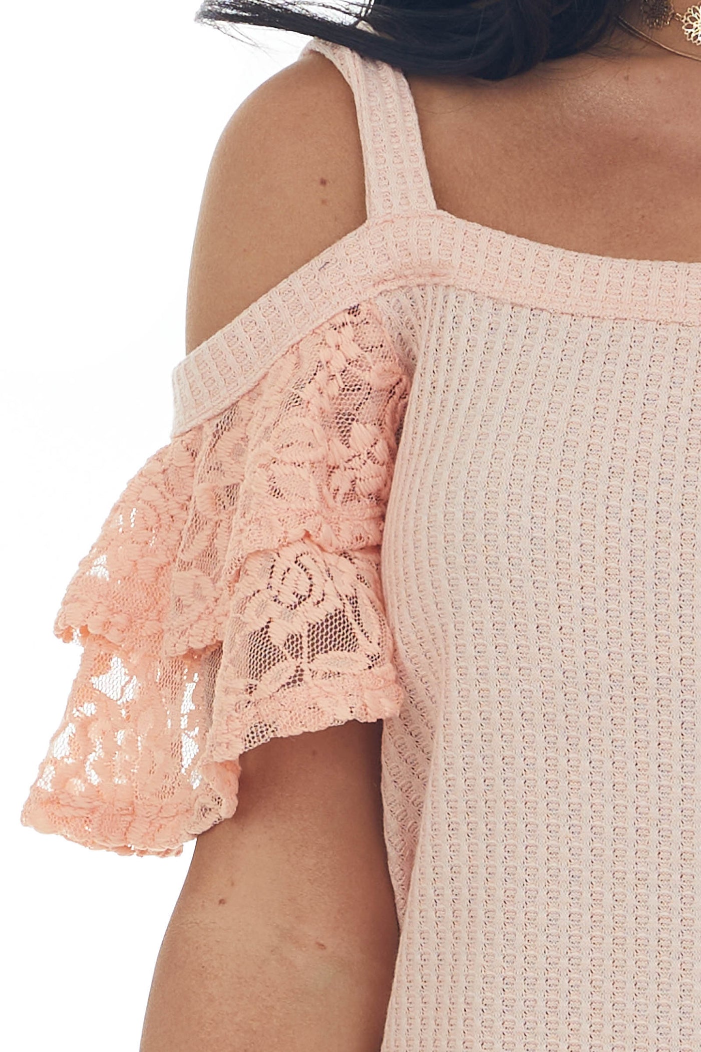 Peach Cold Shoulder Lace Sleeve Knit Top
