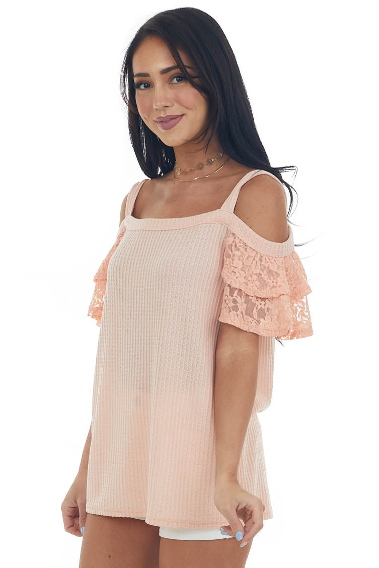 Peach Cold Shoulder Lace Sleeve Knit Top