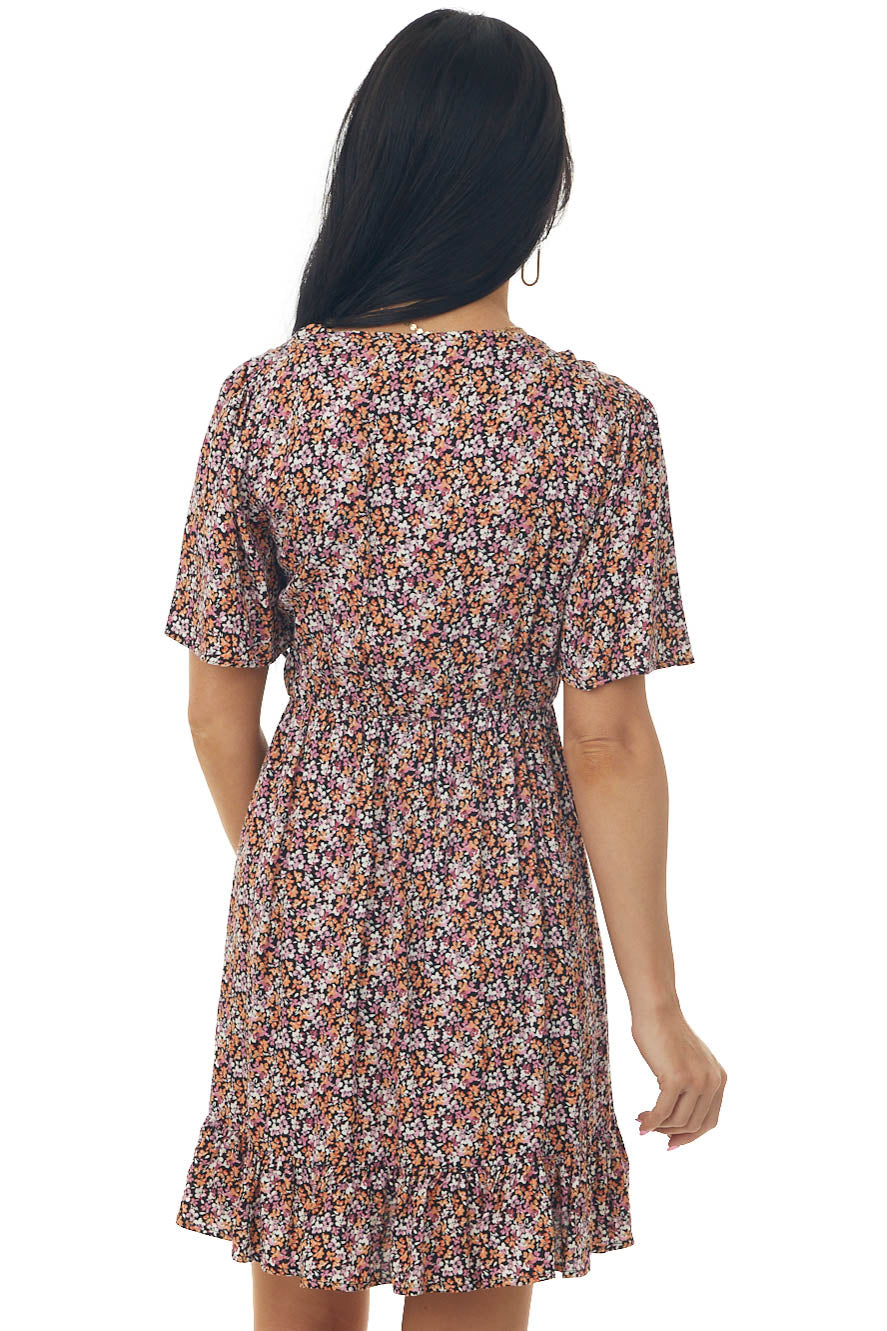 Peach Ditsy Floral Front Tie Ruffle Mini Dress