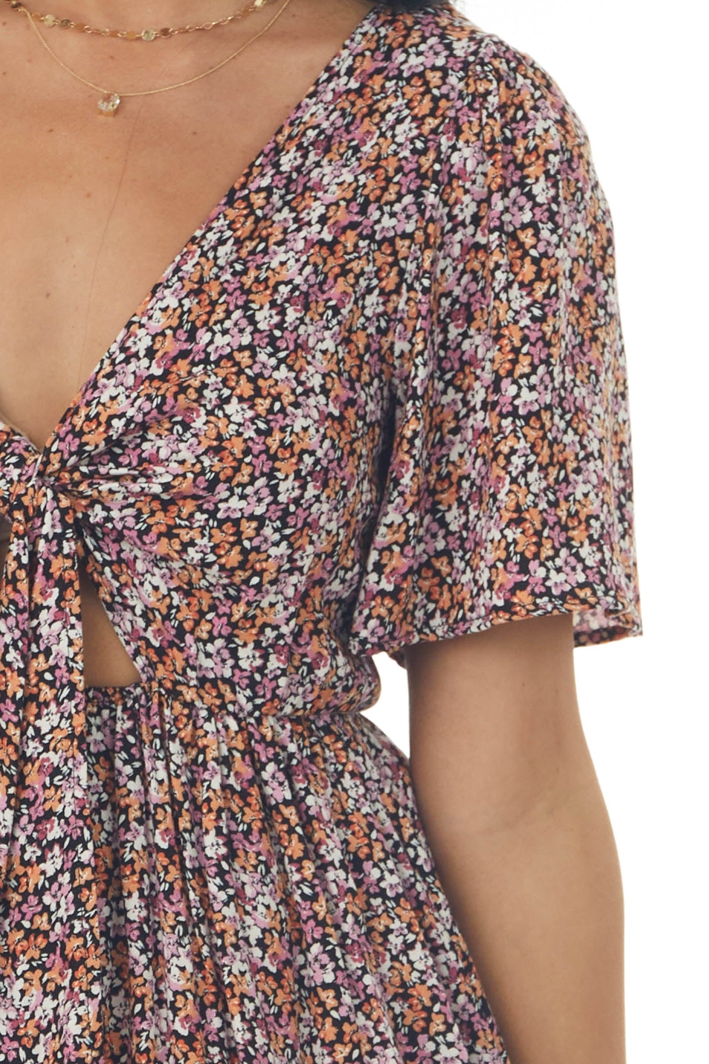 Peach Ditsy Floral Front Tie Ruffle Mini Dress