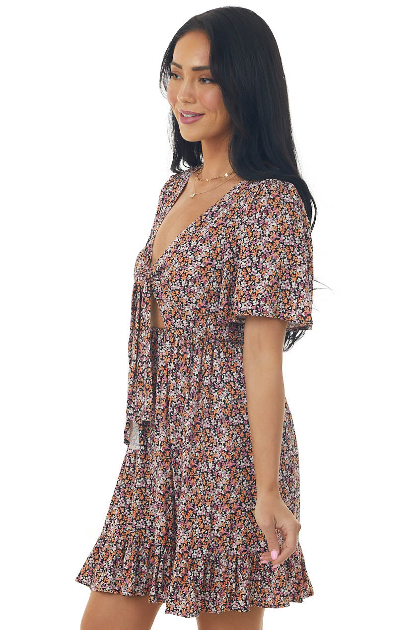 Peach Ditsy Floral Front Tie Ruffle Mini Dress