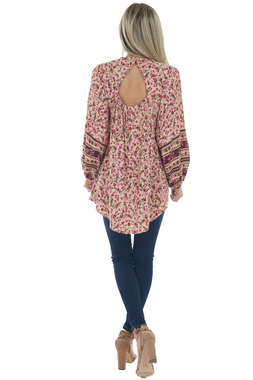 Peach Floral Babydoll Bubble Sleeve Blouse