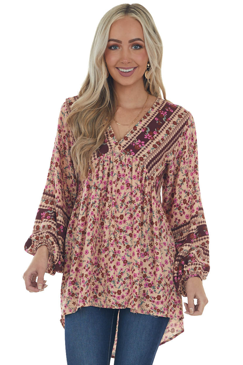 Peach Floral Babydoll Bubble Sleeve Blouse