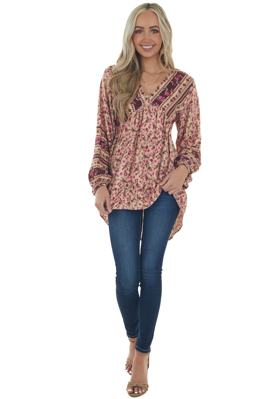 Peach Floral Babydoll Bubble Sleeve Blouse