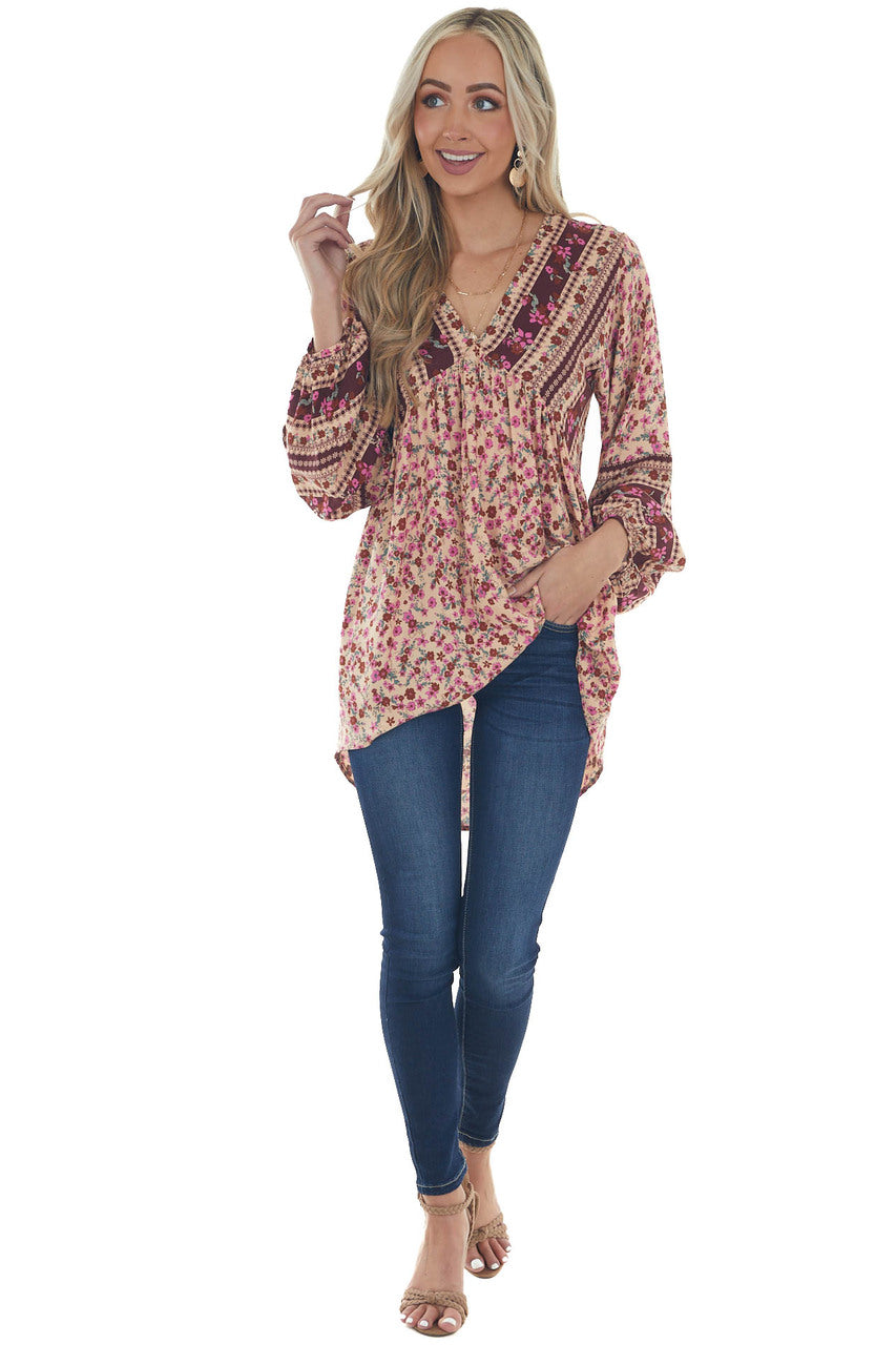 Peach Floral Babydoll Bubble Sleeve Blouse