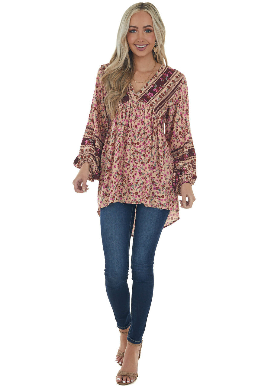 Peach Floral Babydoll Bubble Sleeve Blouse