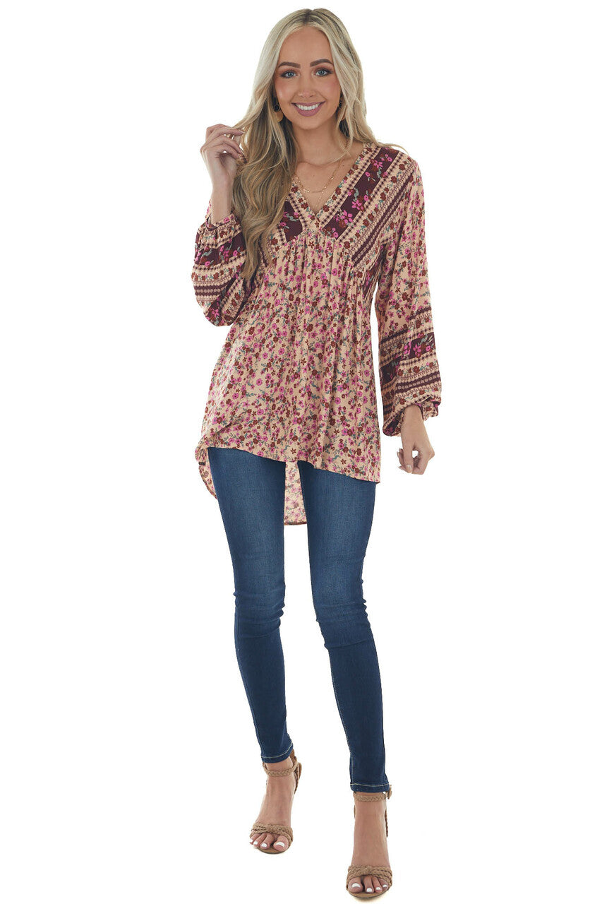 Peach Floral Babydoll Bubble Sleeve Blouse