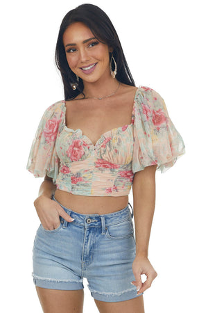 Peach Floral Bubble Sleeve Ruched Crop Top