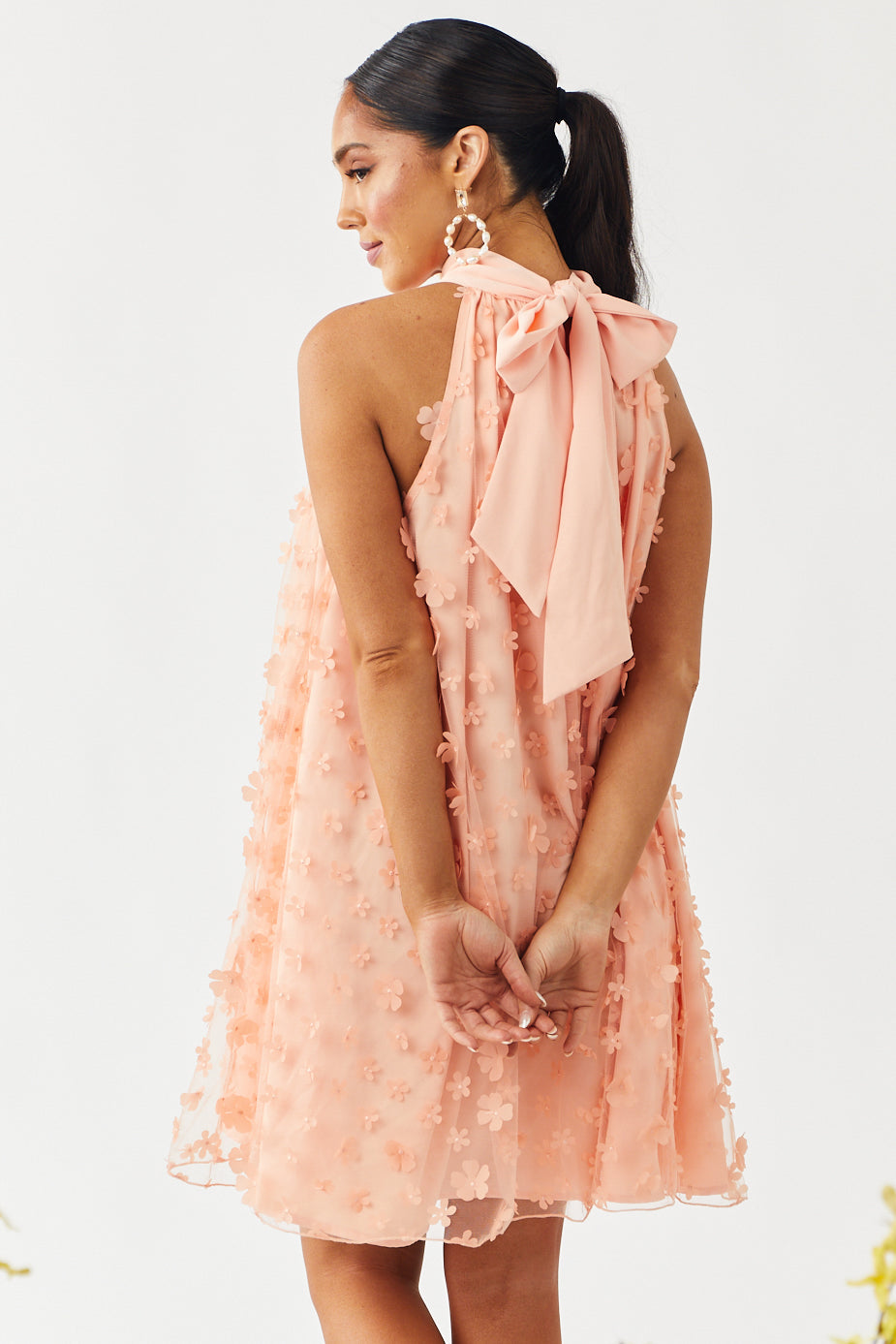 Peach Floral Embellished Halter Neck Short Dress