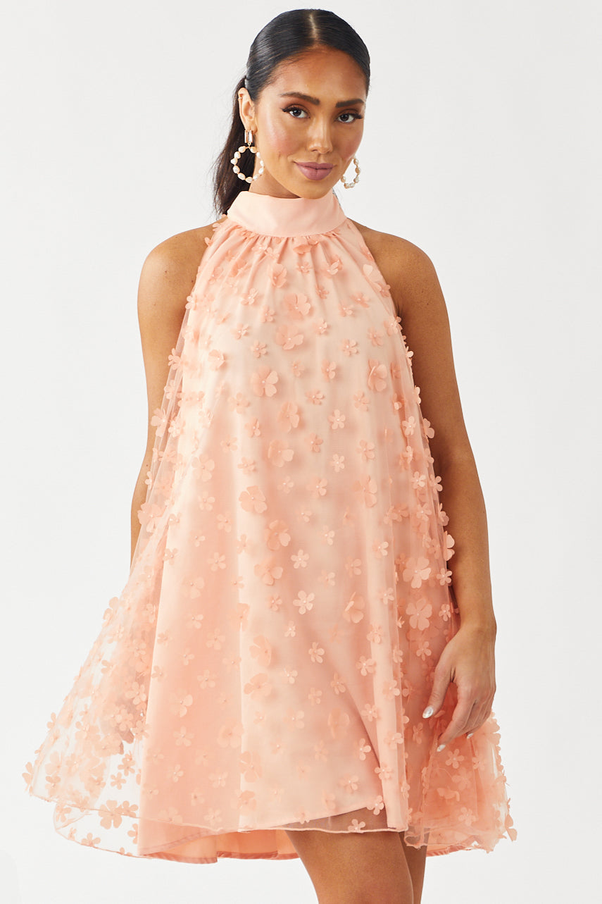 Peach Floral Embellished Halter Neck Short Dress