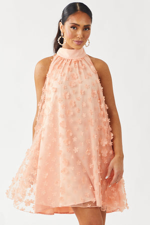 Peach Floral Embellished Halter Neck Short Dress