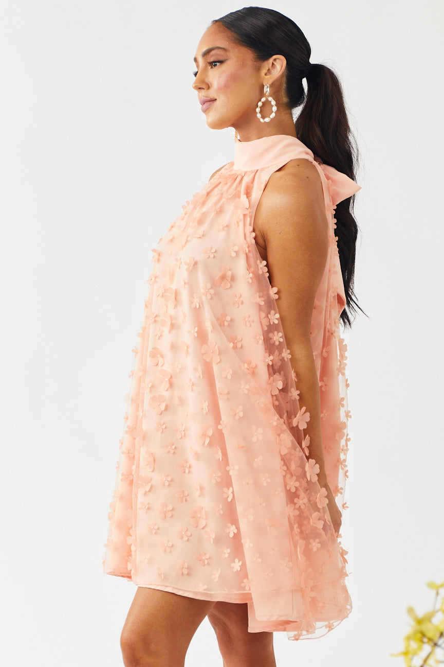 Peach Floral Embellished Halter Neck Short Dress