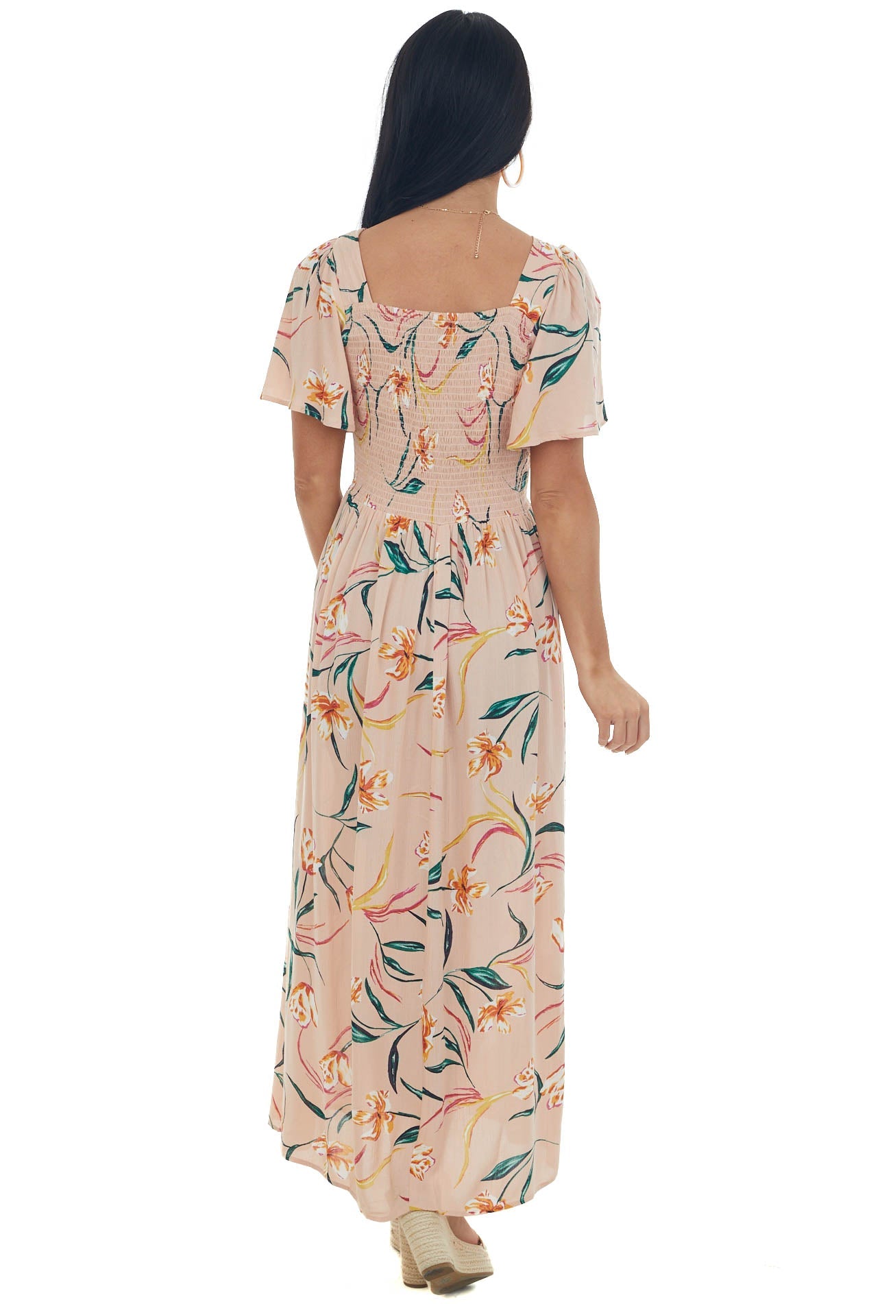 Peach Floral Flutter Sleeve Front Knot Midi Dress