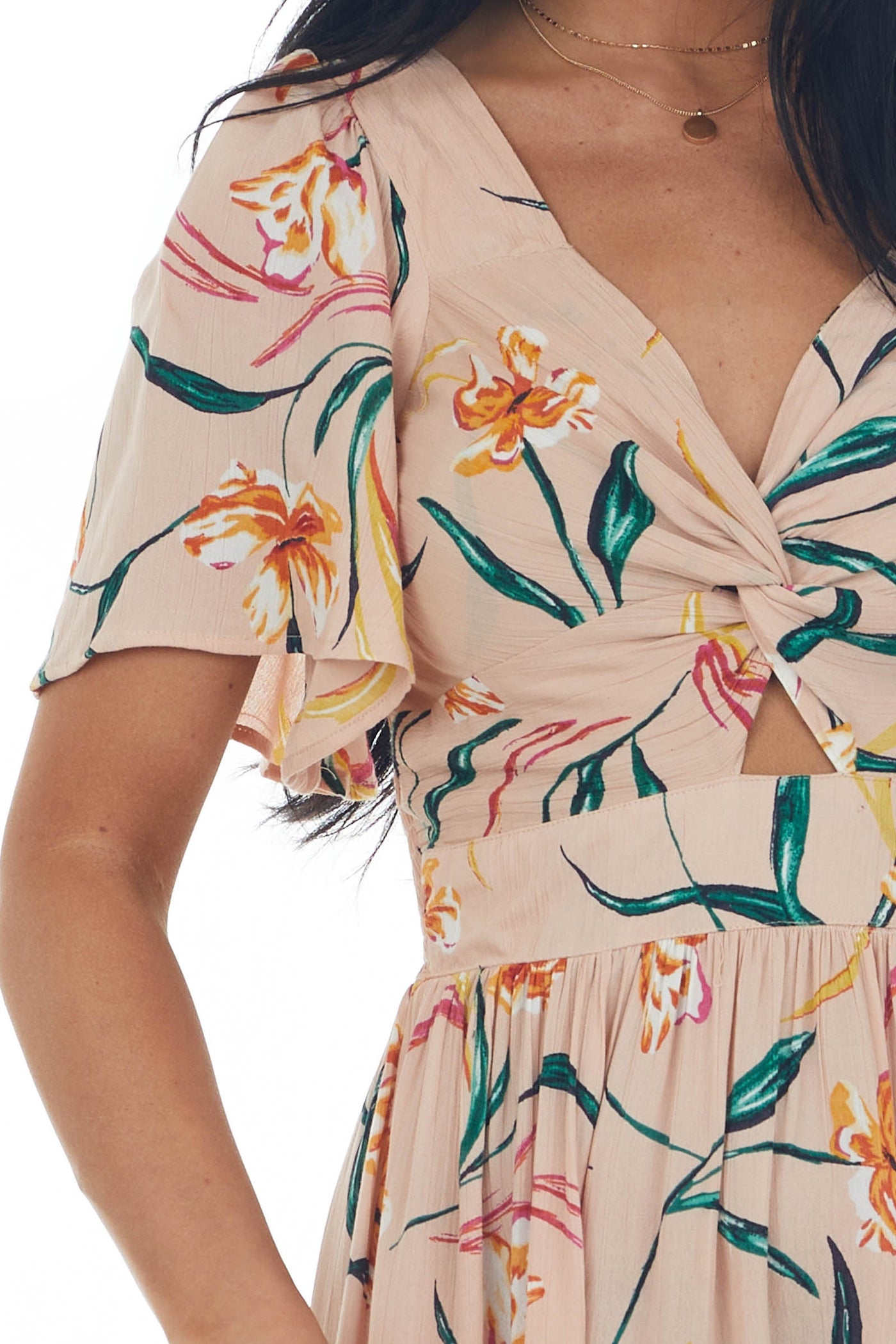 Peach Floral Flutter Sleeve Front Knot Midi Dress