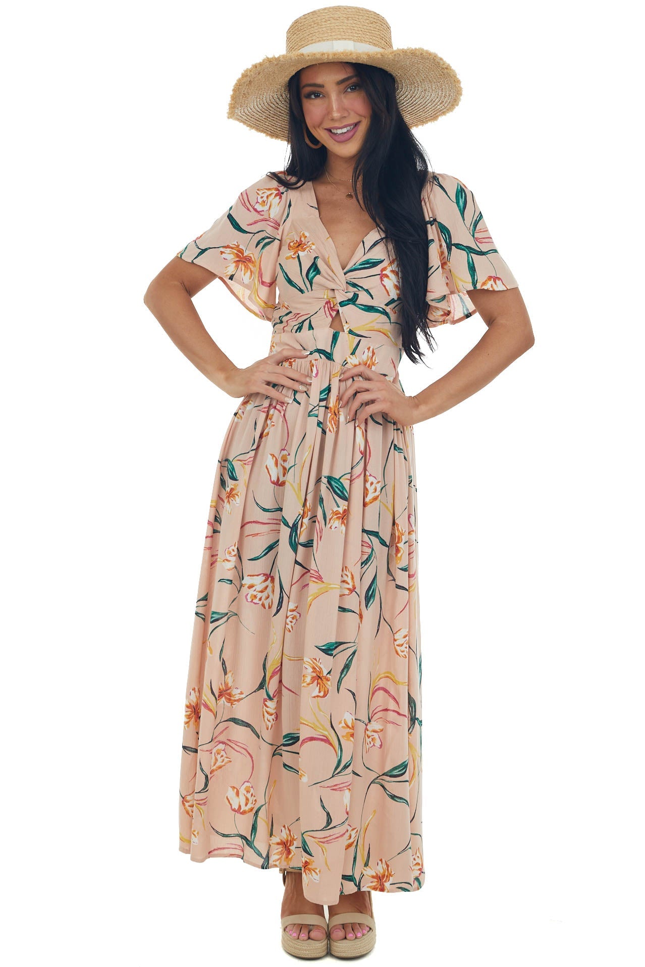 Peach Floral Flutter Sleeve Front Knot Midi Dress