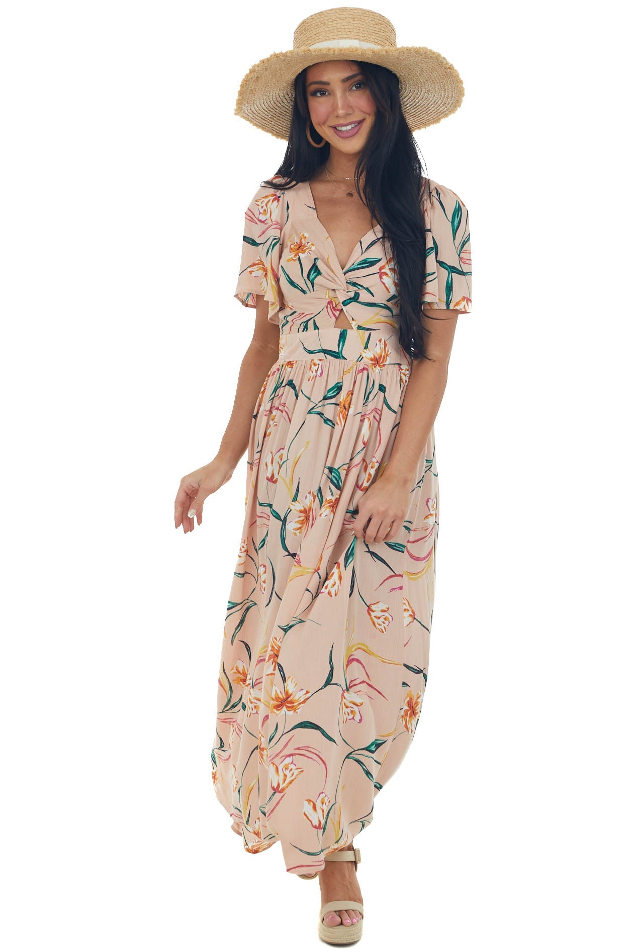 Peach Floral Flutter Sleeve Front Knot Midi Dress