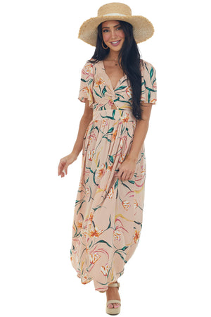Peach Floral Flutter Sleeve Front Knot Midi Dress