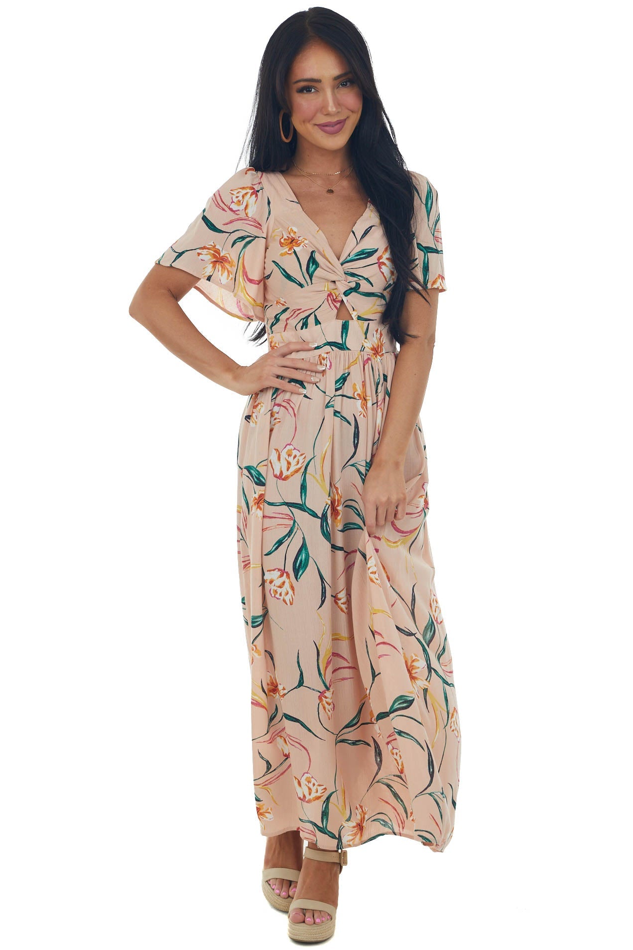 Peach Floral Flutter Sleeve Front Knot Midi Dress