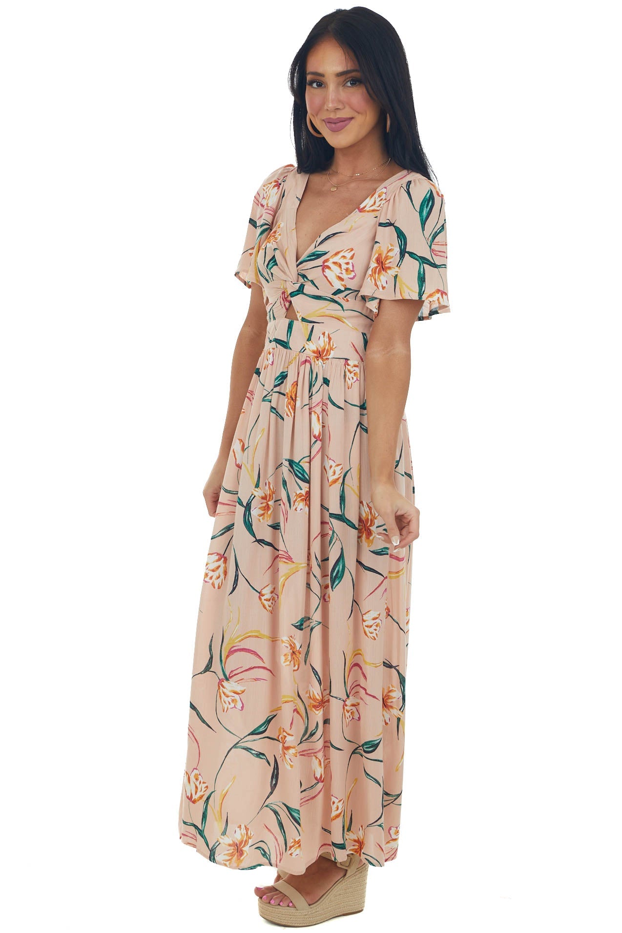 Peach Floral Flutter Sleeve Front Knot Midi Dress