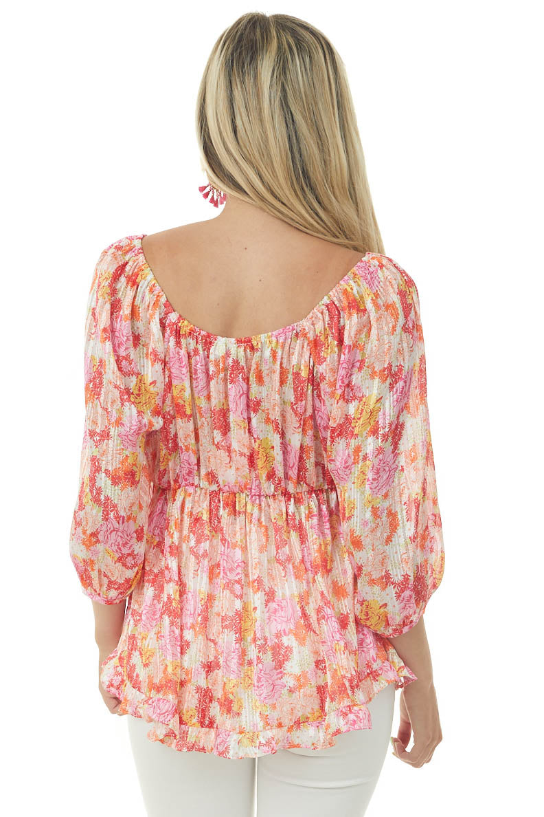 Peach Floral Print Half Bubble Sleeve Blouse