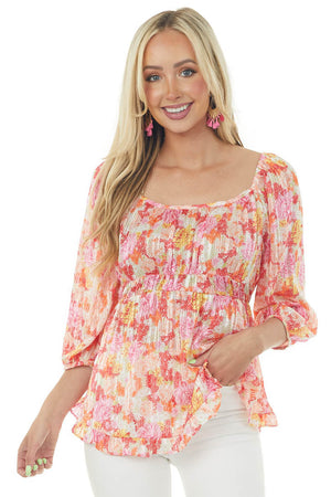 Peach Floral Print Half Bubble Sleeve Blouse