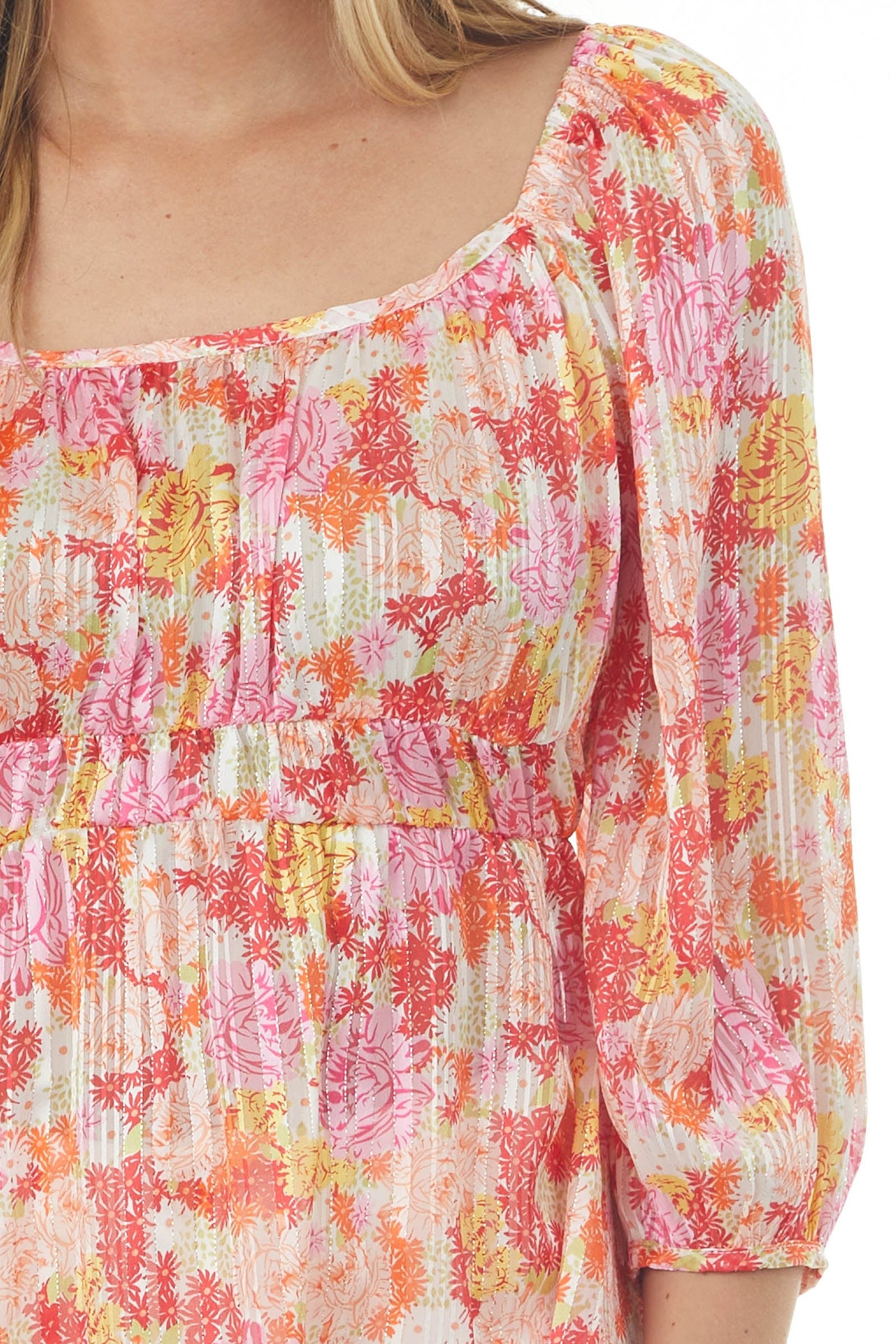 Peach Floral Print Half Bubble Sleeve Blouse