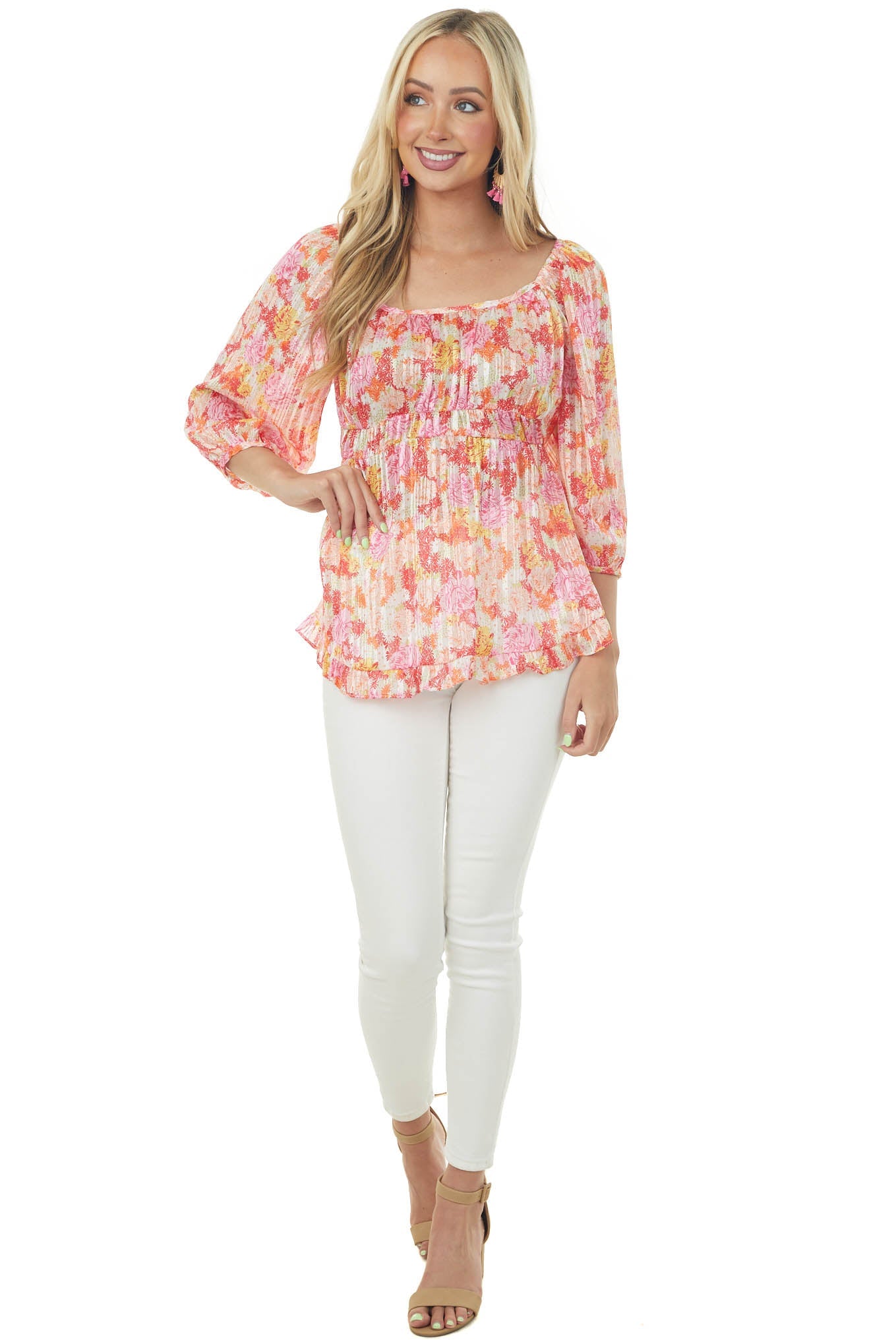 Peach Floral Print Half Bubble Sleeve Blouse