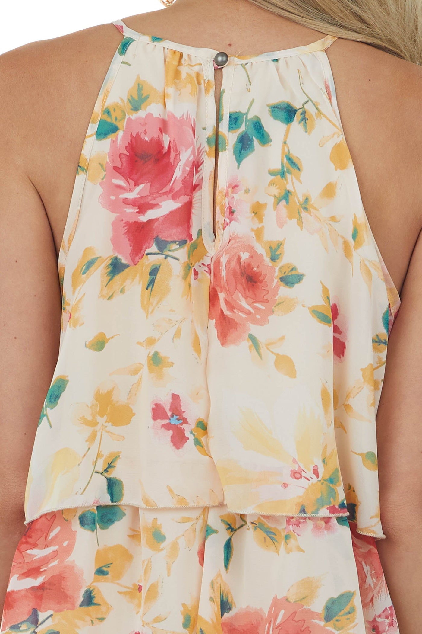 Peach Floral Print Ruffle Overlay Short Dress