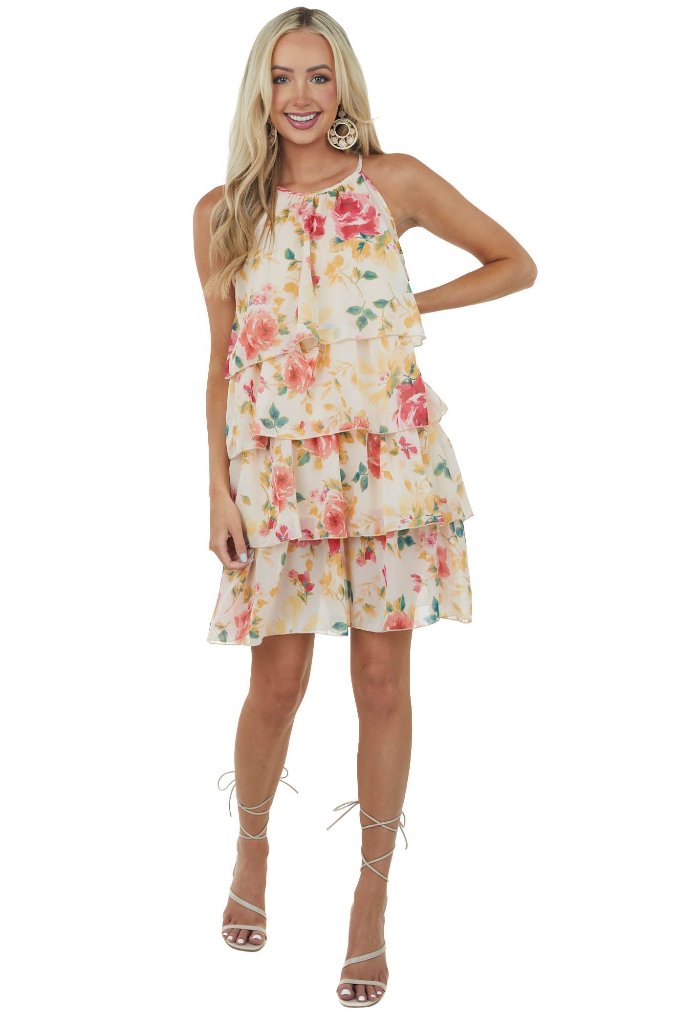 Peach Floral Print Ruffle Overlay Short Dress