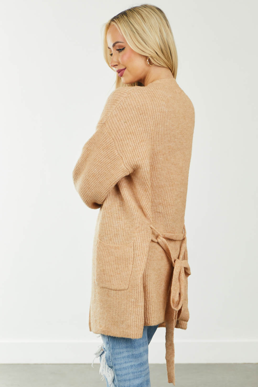 Peach Open Front Long Bubble Sleeve Cardigan
