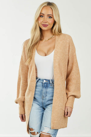 Peach Open Front Long Bubble Sleeve Cardigan