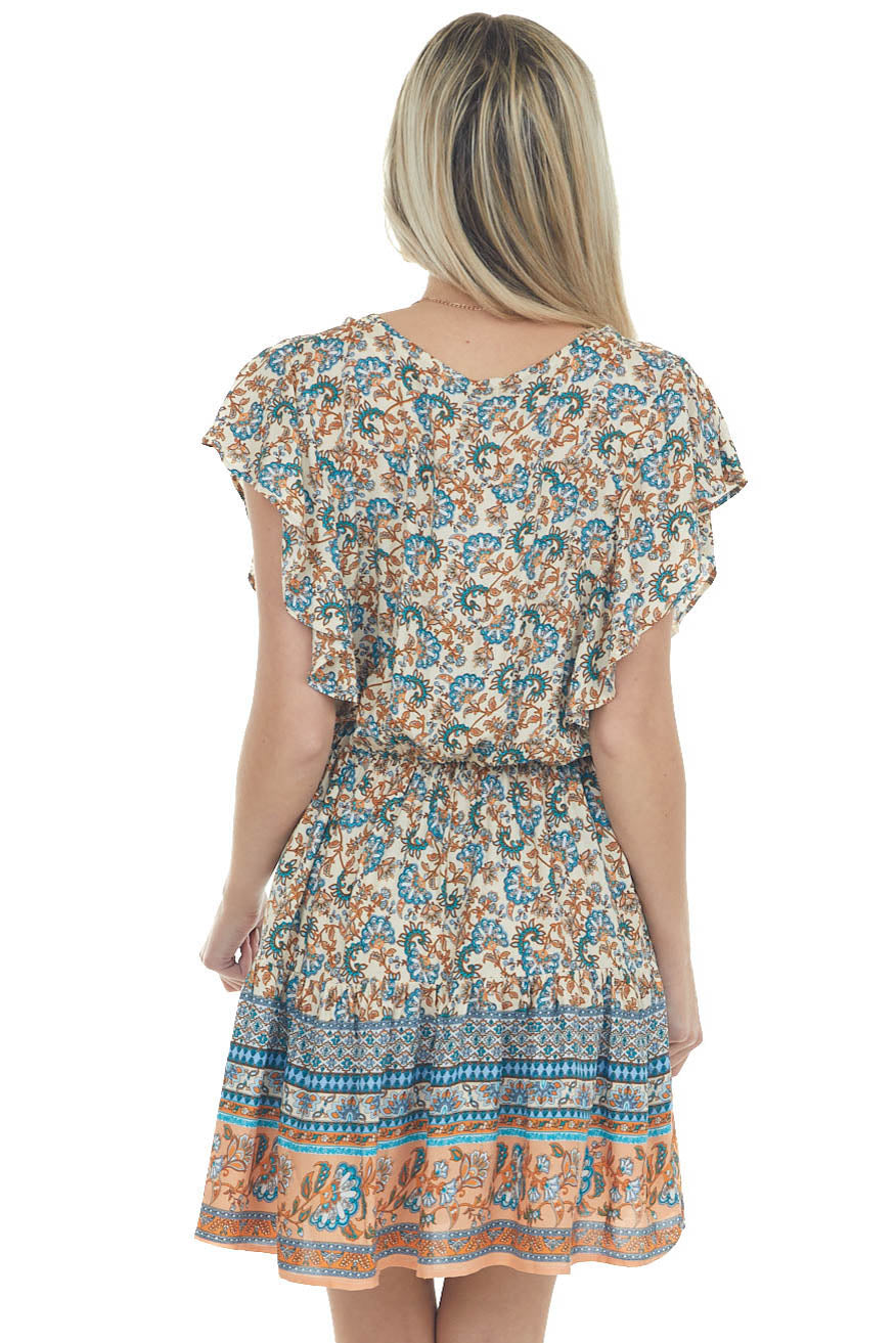 Peach Paisley Print Surplice Short Dress