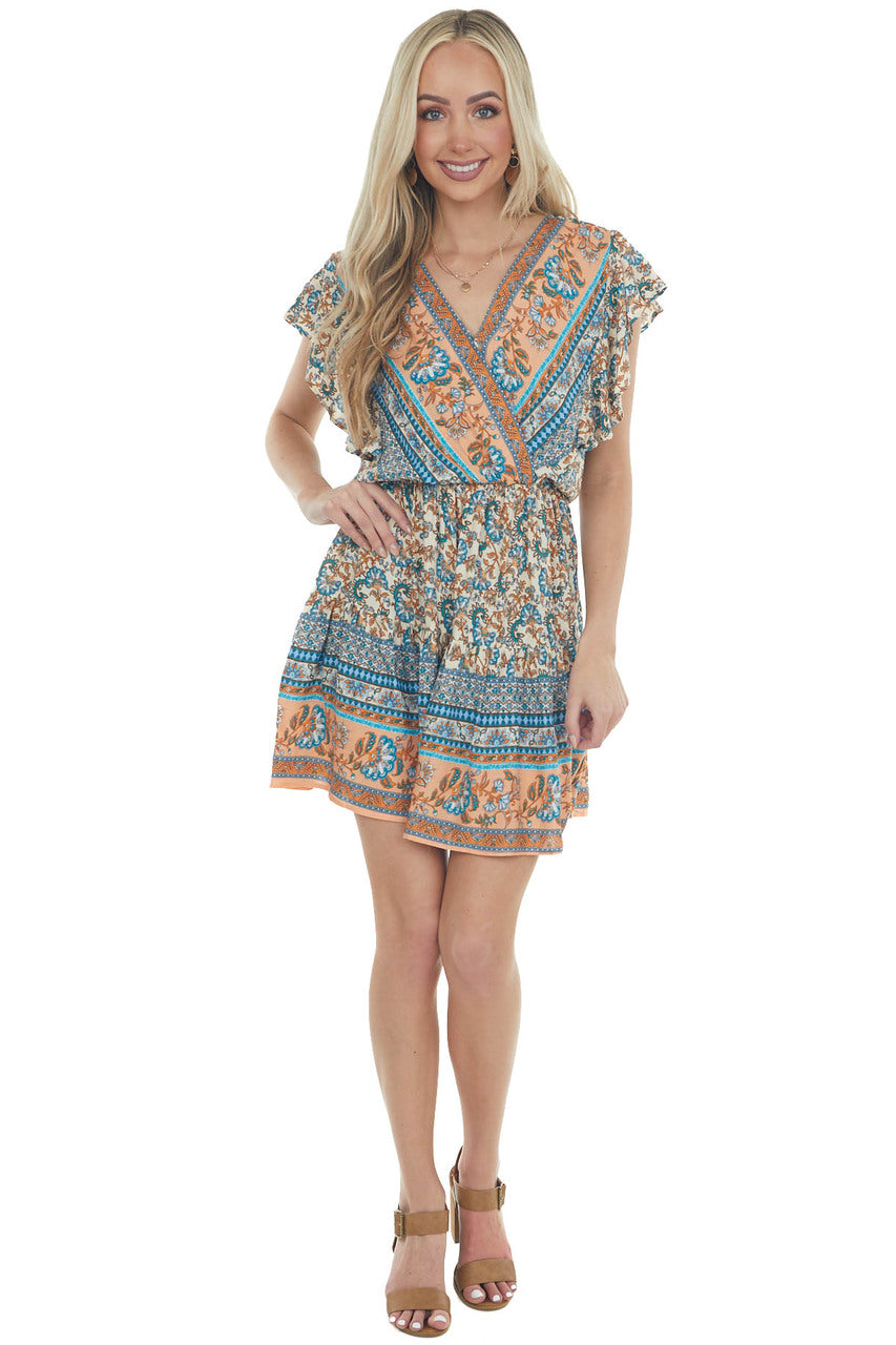 Peach Paisley Print Surplice Short Dress
