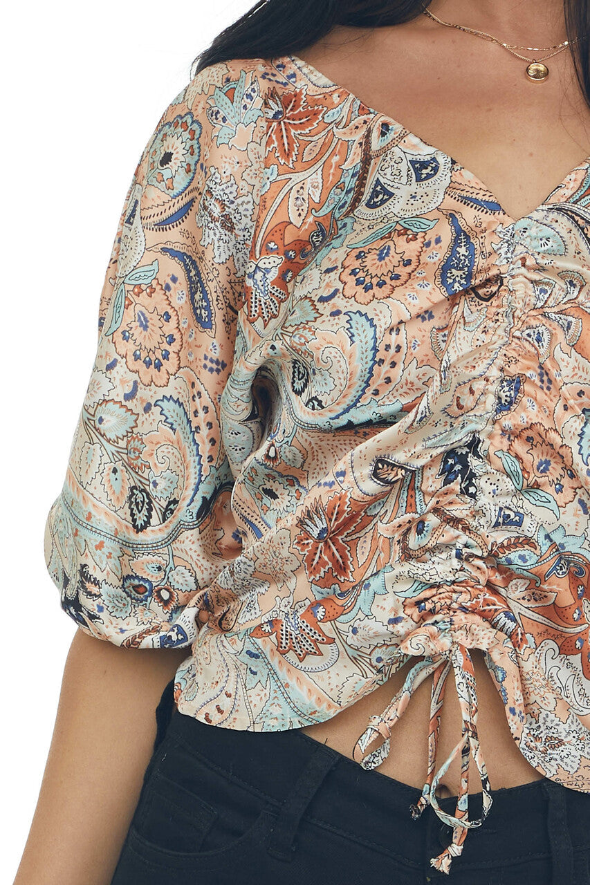 Peach Paisley Ruched Front Cropped Blouse