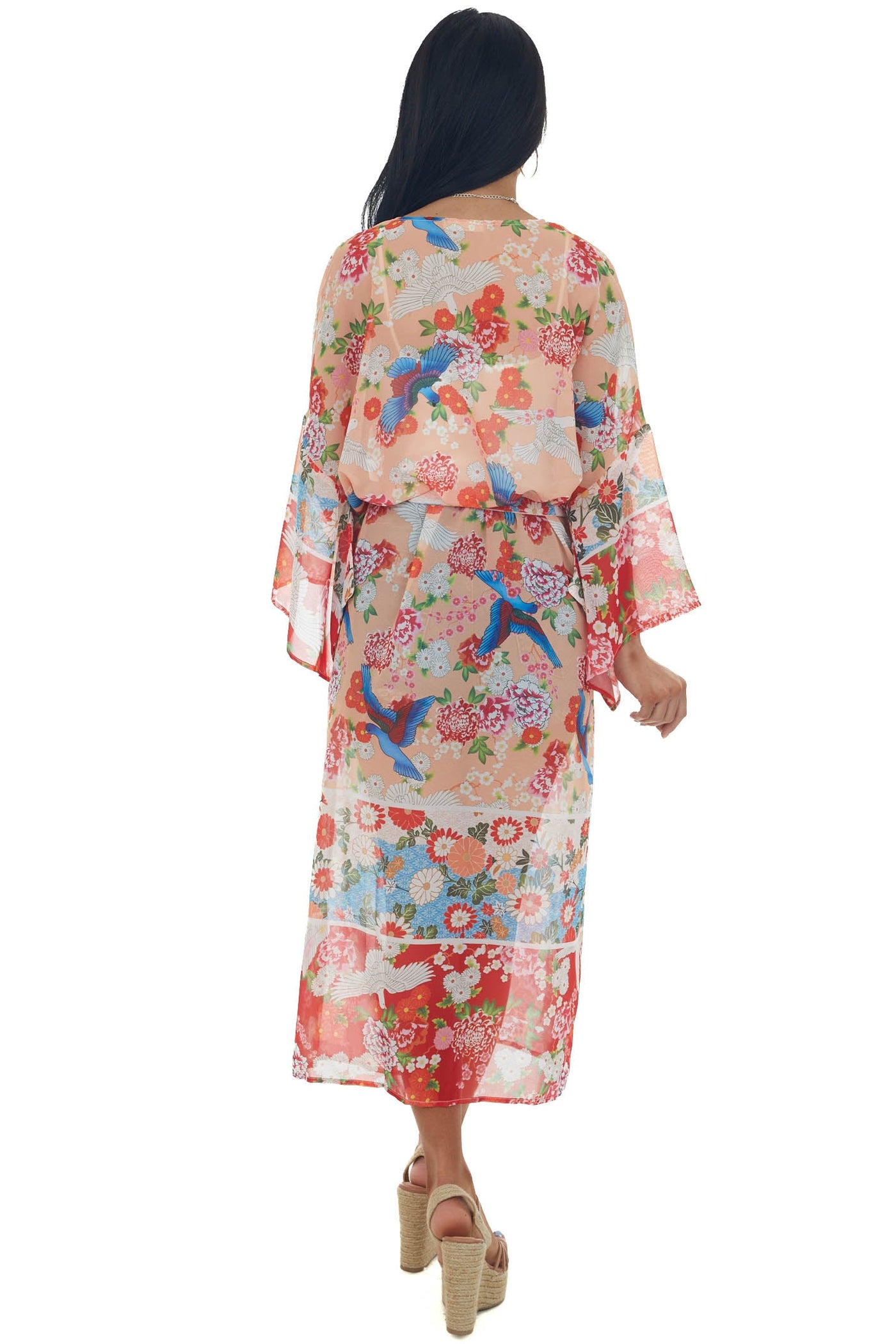 Peach Printed Duster Length Lightweight Kimono