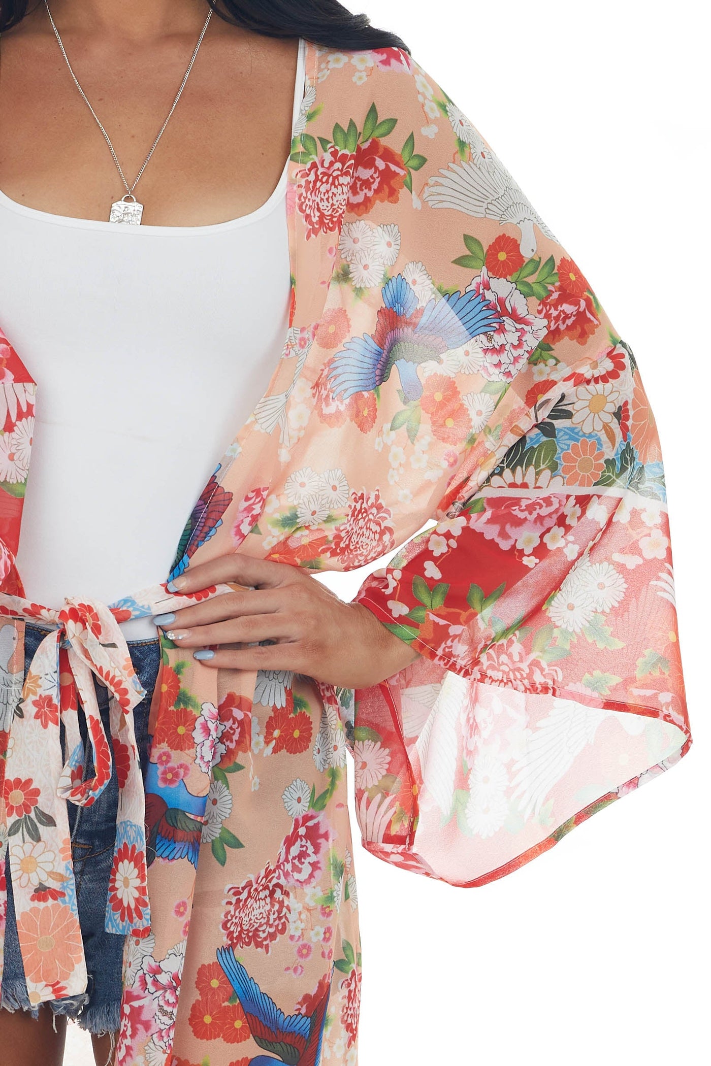 Peach Printed Duster Length Lightweight Kimono