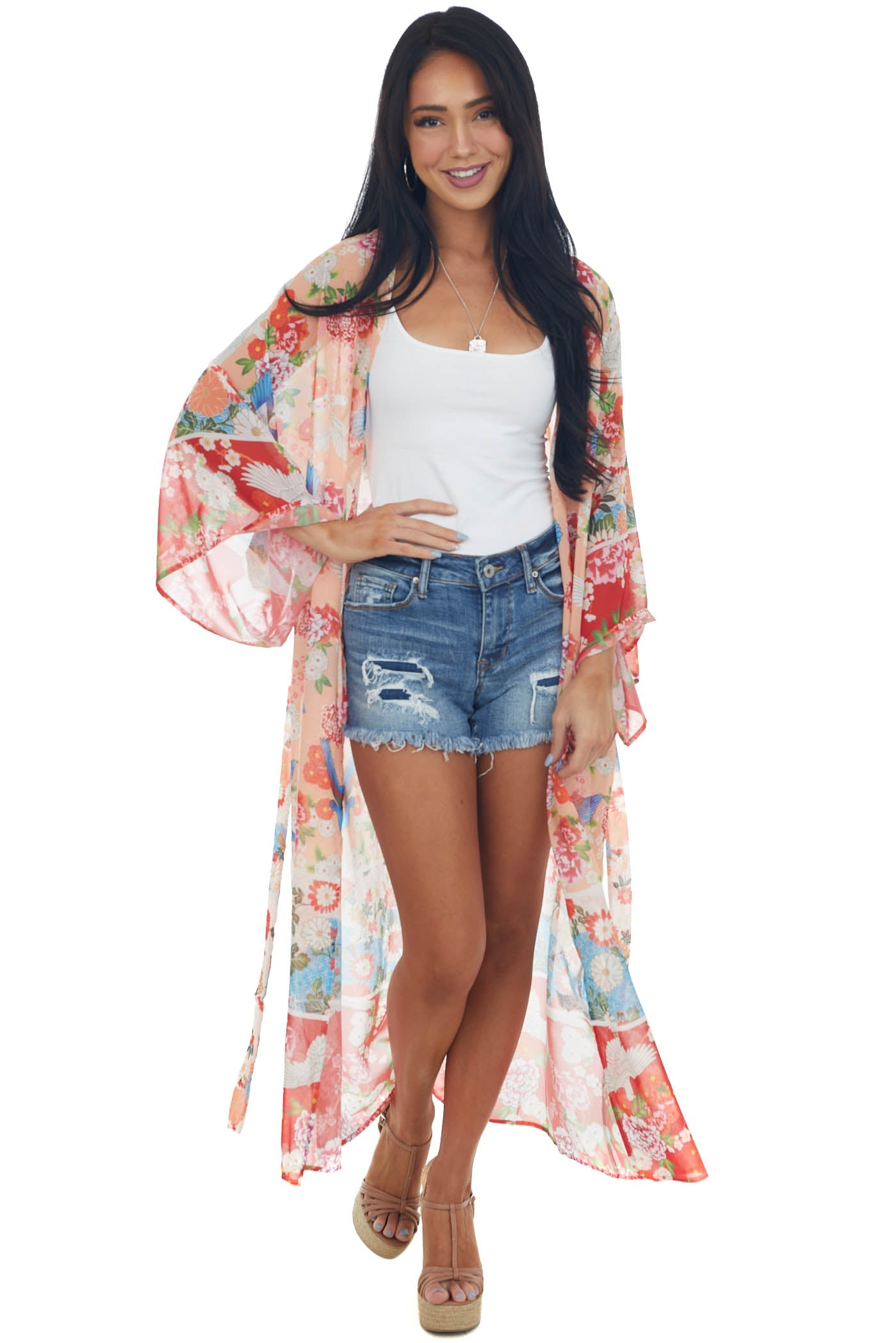Peach Printed Duster Length Lightweight Kimono
