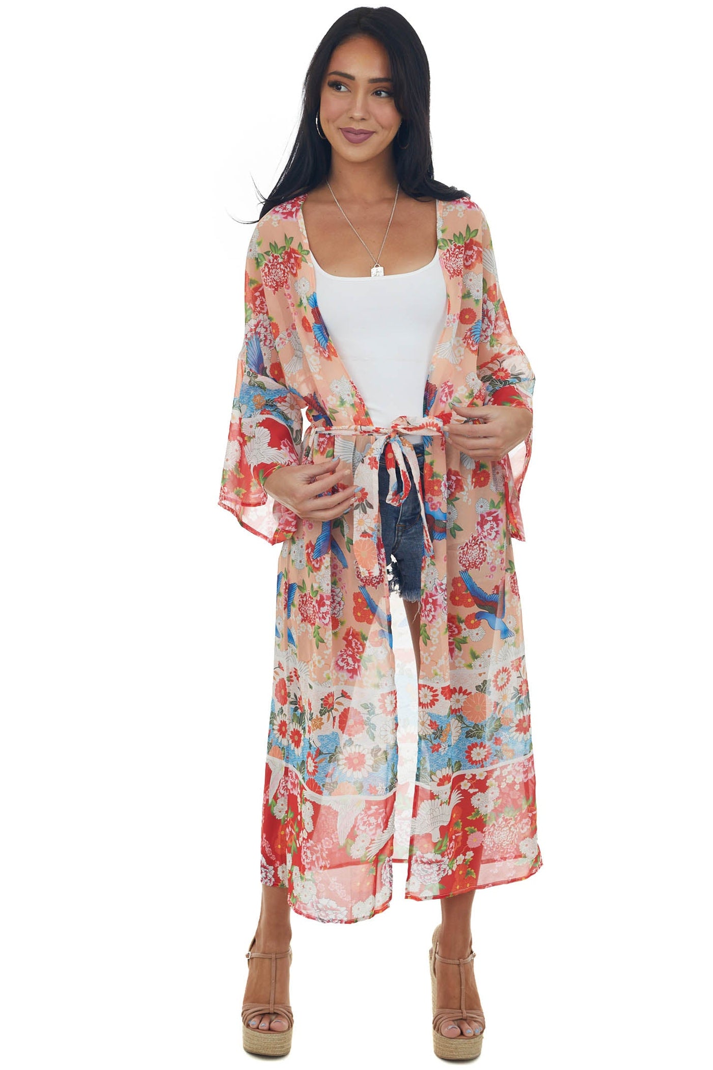 Peach Printed Duster Length Lightweight Kimono