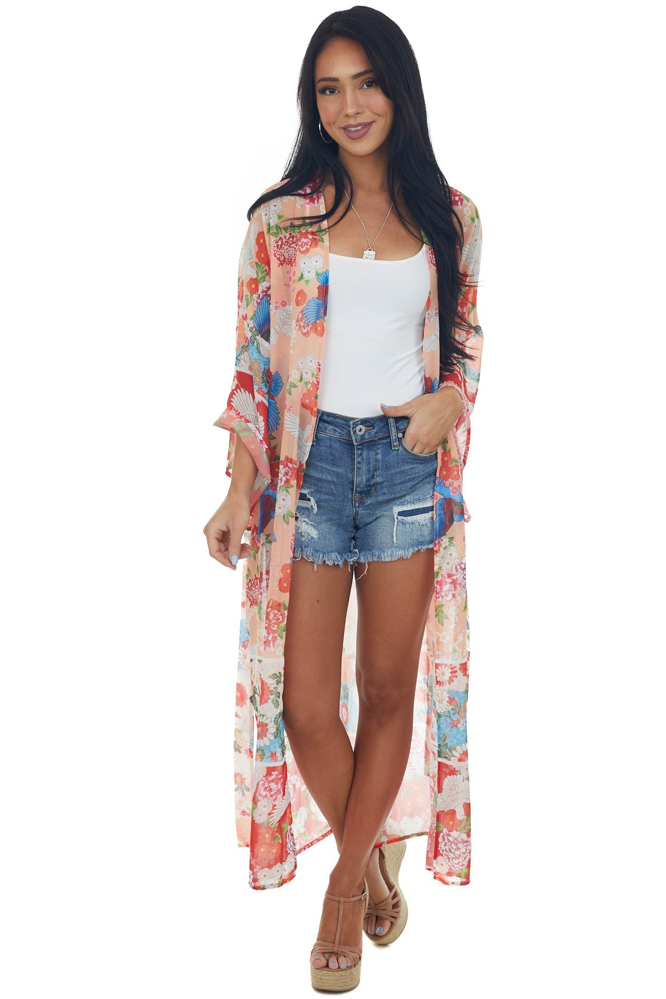 Peach Printed Duster Length Lightweight Kimono