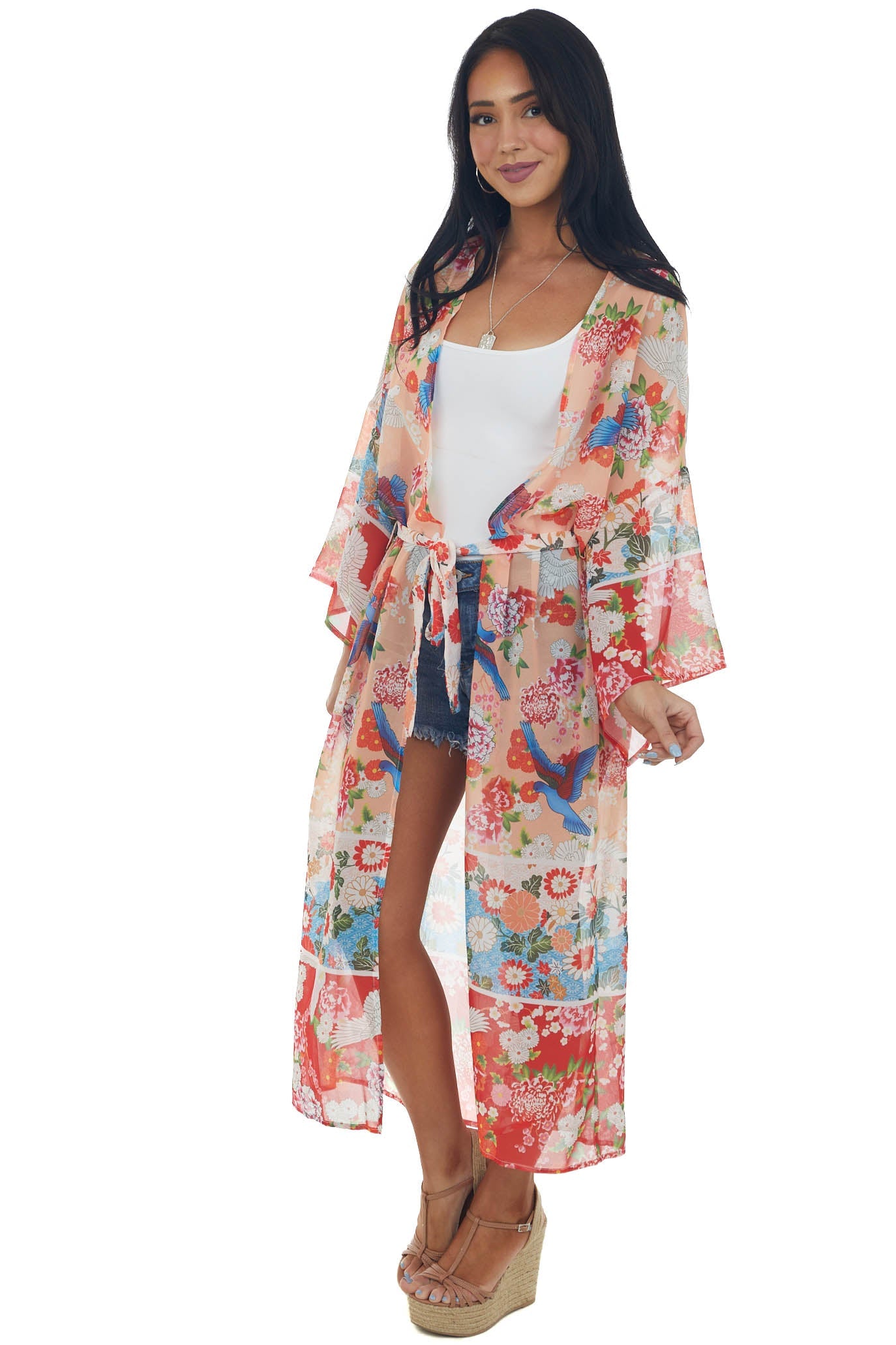 Peach Printed Duster Length Lightweight Kimono