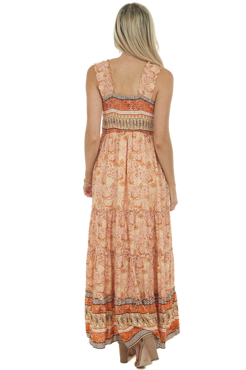 Peach Printed Sleeveless Smocked Maxi Dress