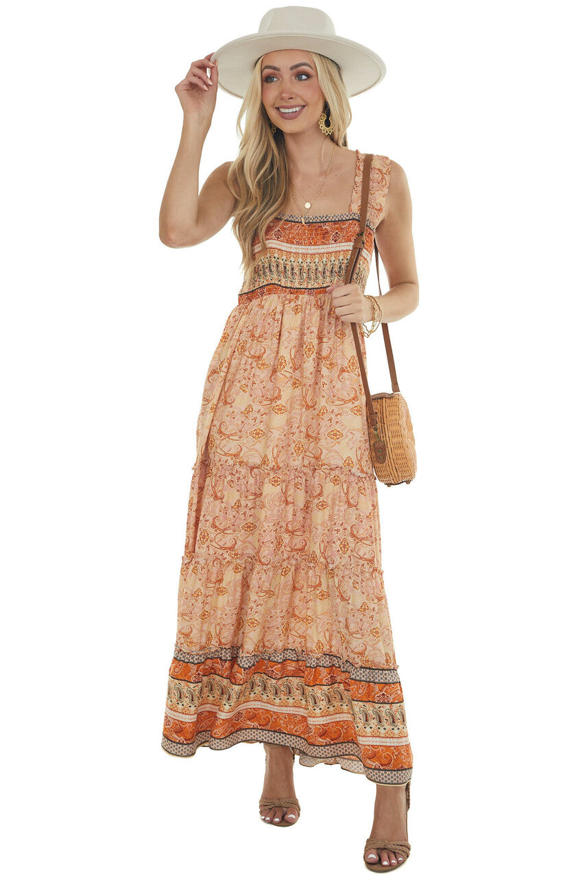 Peach Printed Sleeveless Smocked Maxi Dress