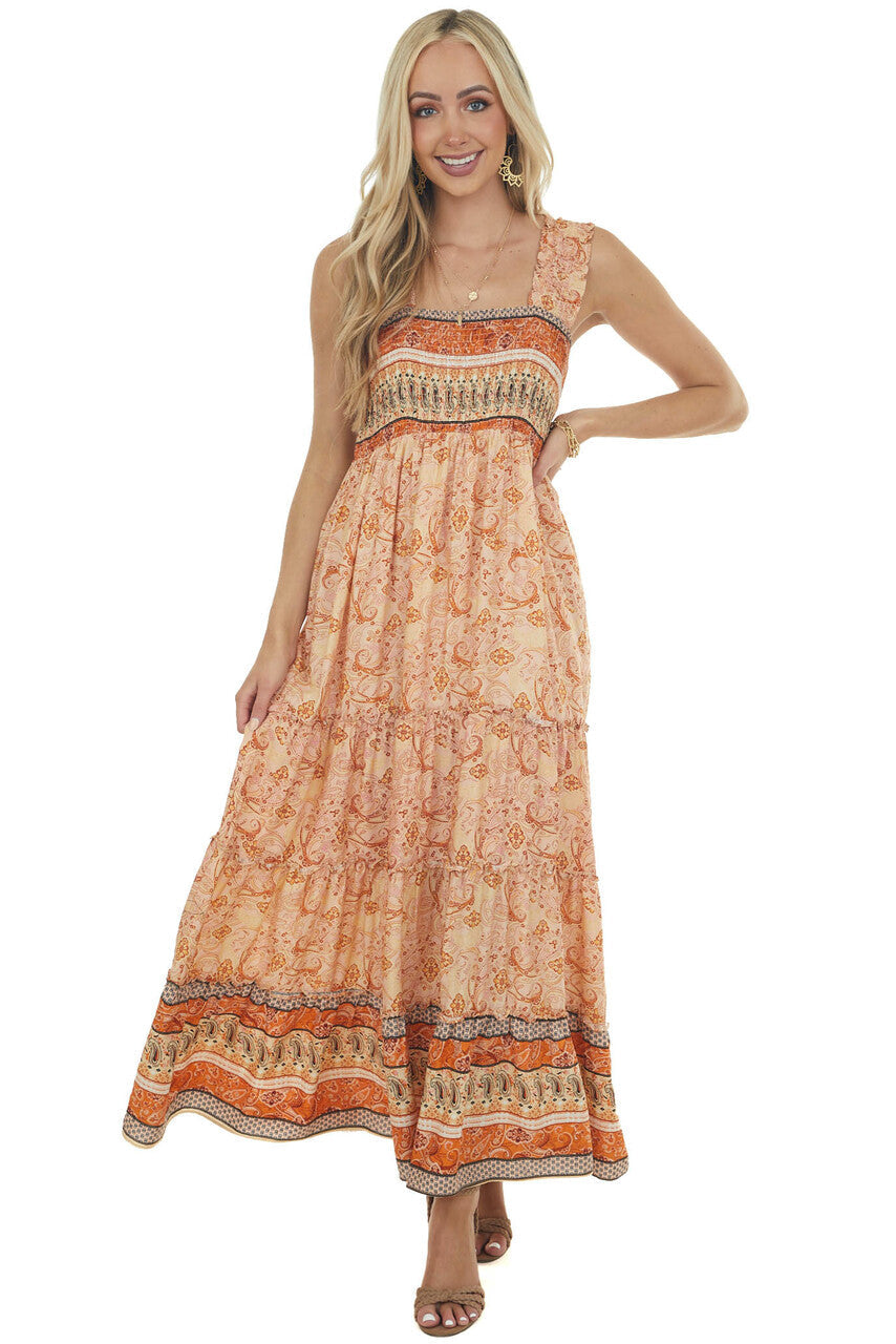 Peach Printed Sleeveless Smocked Maxi Dress