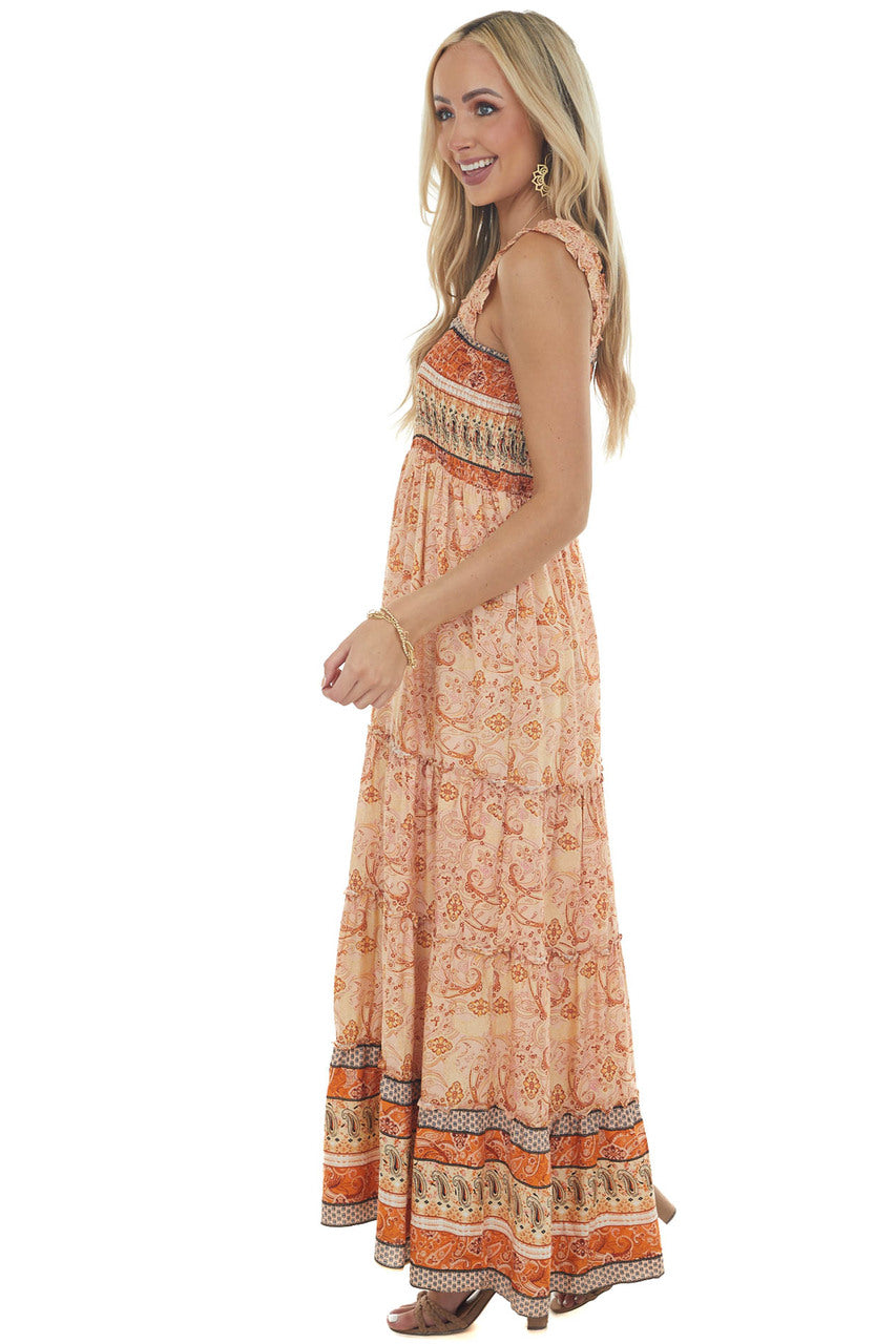 Peach Printed Sleeveless Smocked Maxi Dress
