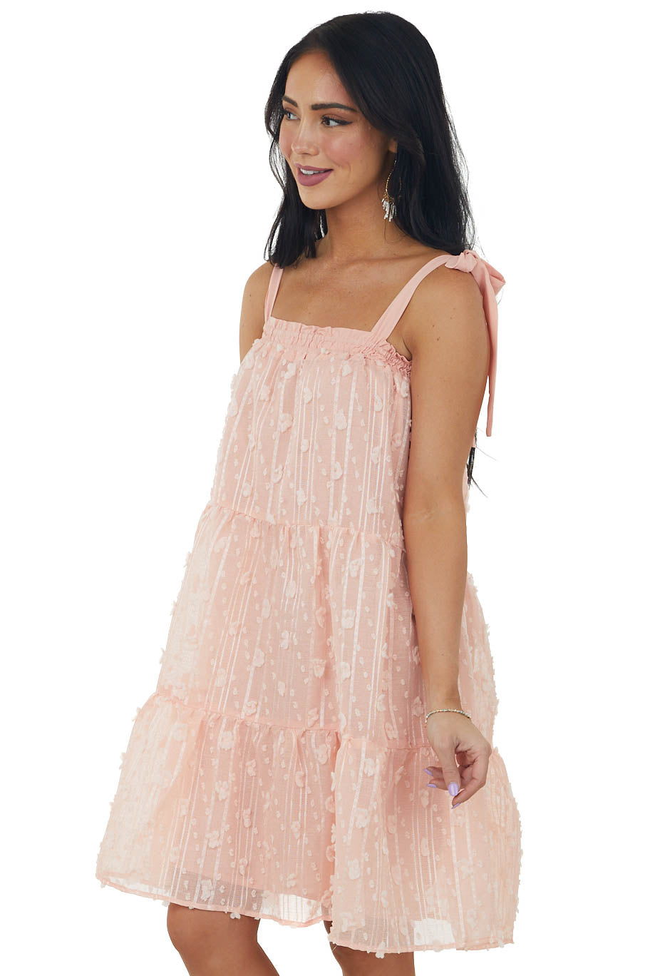 Peach Swiss Dot Sleeveless Tiered Mini Dress