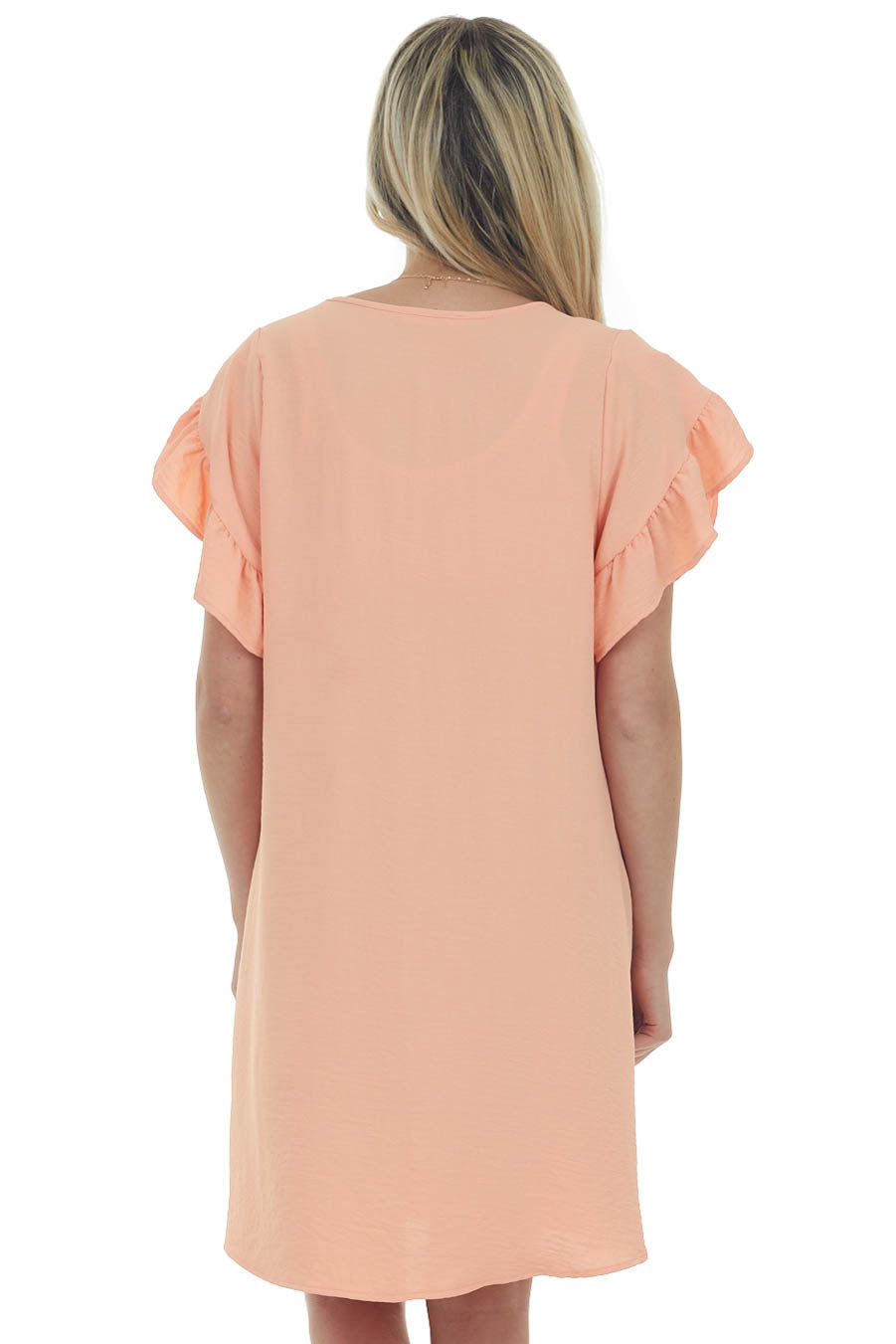 Peach V Neck Short Ruffle Sleeve Woven Dress