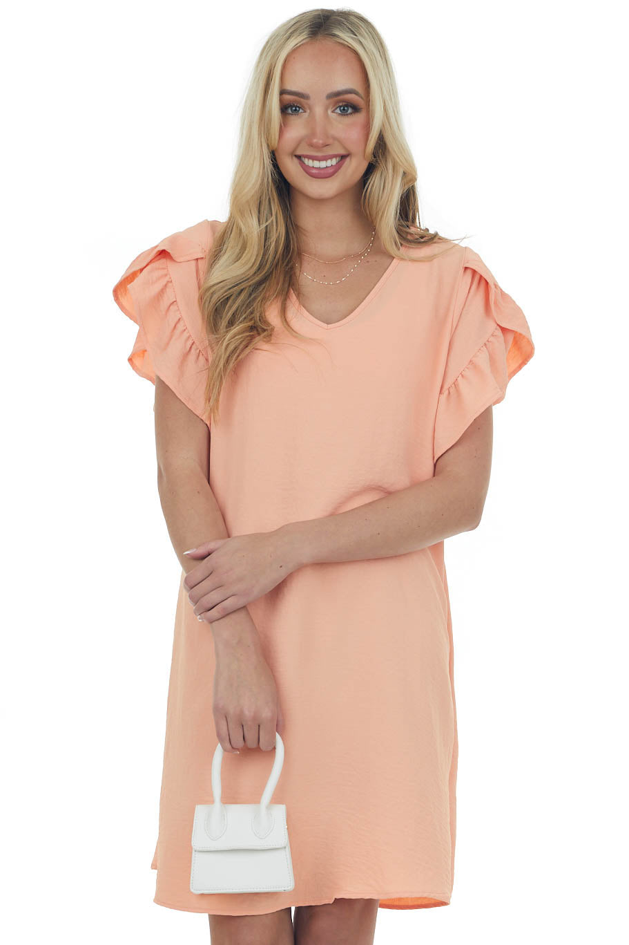 Peach V Neck Short Ruffle Sleeve Woven Dress