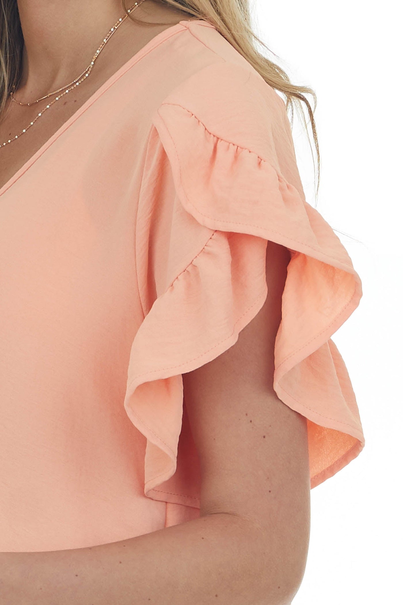 Peach V Neck Short Ruffle Sleeve Woven Dress